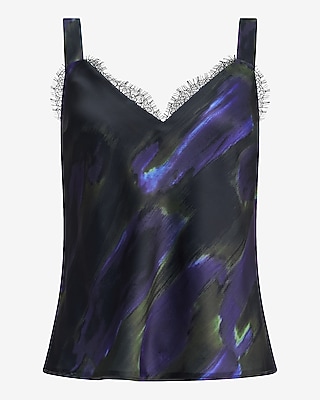 Printed Satin Lace Trim V-Neck Wide Strap Cami