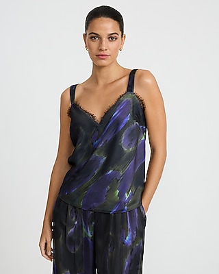 Printed Satin Lace Trim V-Neck Wide Strap Cami