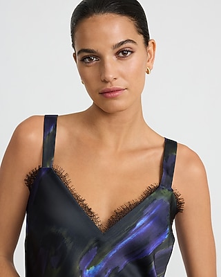 Printed Satin Lace Trim V-Neck Wide Strap Cami
