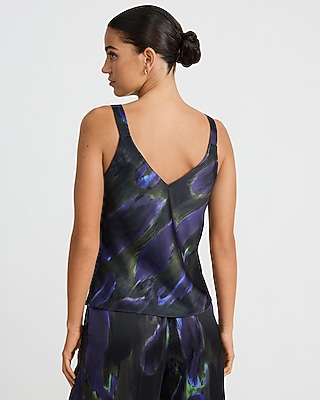 Printed Satin Lace Trim V-Neck Wide Strap Cami