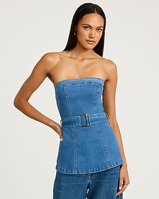 Stretch Denim Strapless Belted Tube Top - thumbnail 4