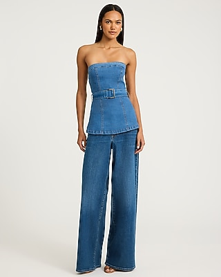 Stretch Denim Strapless Belted Tube Top - thumbnail 7