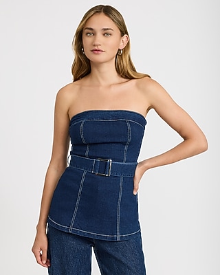 Stretch Denim Strapless Belted Tube Top
