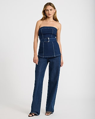 Stretch Denim Strapless Belted Tube Top