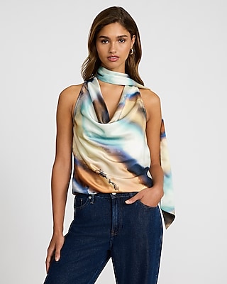 ★FANCY CLUB★ BIRD COWL SLEEVELESS IVORY F25QB112 F25QB112I Satin Cowl Neck Feather Hem Cami | Express