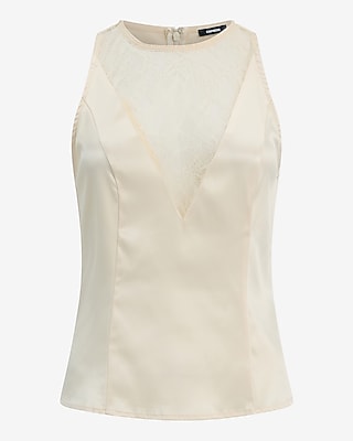 Satin Lace Pieced Crew Neck Tank