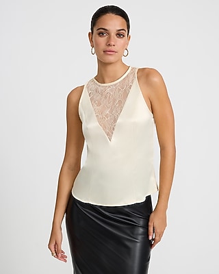 Satin Lace Pieced Crew Neck Tank