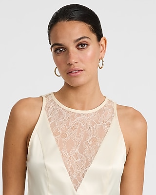 Satin Lace Pieced Crew Neck Tank
