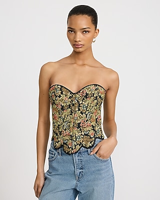 Floral Jacquard Lace-up Back Scalloped Hem Corset Tube Top | Express