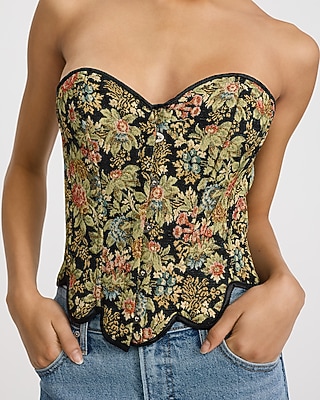 Floral Jacquard Lace-Up Back Scalloped Hem Corset Tube Top