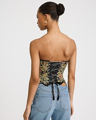 Floral Jacquard Lace-up Back Scalloped Hem Corset Tube Top | Express