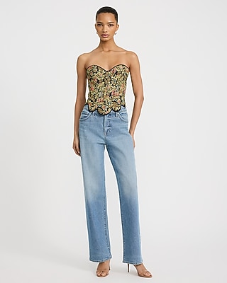 Floral Jacquard Lace-Up Back Scalloped Hem Corset Tube Top