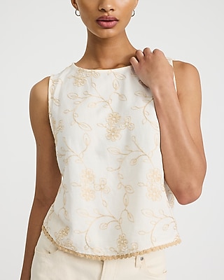 Embroidered Crew Neck Contrast Trim Tank