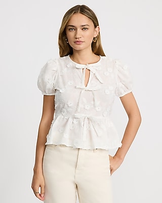 Cotton Embroidered Floral Bow Front Peplum Top