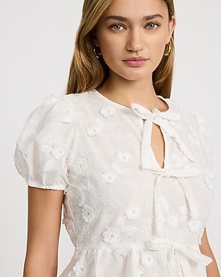 Cotton Embroidered Floral Bow Front Peplum Top