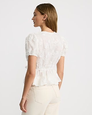 Cotton Embroidered Floral Bow Front Peplum Top