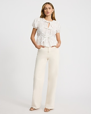 Cotton Embroidered Floral Bow Front Peplum Top