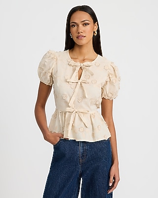 Liten Soufflé Peplum BL Cotton Embroidered Floral Bow Front Peplum Top | Express