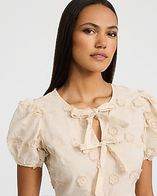 Cotton Embroidered Floral Bow Front Peplum Top