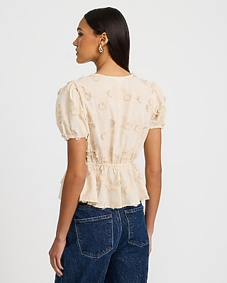 Cotton Embroidered Floral Bow Front Peplum Top