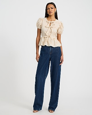 Cotton Embroidered Floral Bow Front Peplum Top