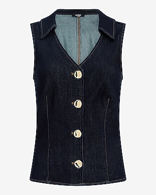 Stretch Denim V-Neck Novelty Button Blazer Vest