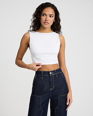 Boat Neck Open Back Bow Cropped Tank