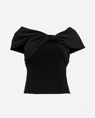 Mixed Media Off The Shoulder Twist Front Top