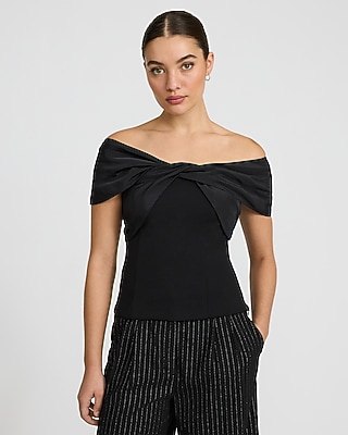 Mixed Media Off The Shoulder Twist Front Top