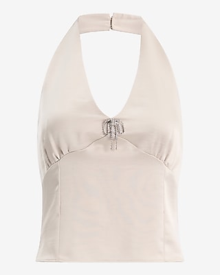 Satin Halter Neck Embellished Bow Top