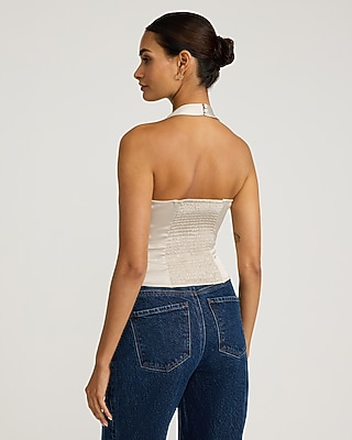 Satin Halter Neck Embellished Bow Top
