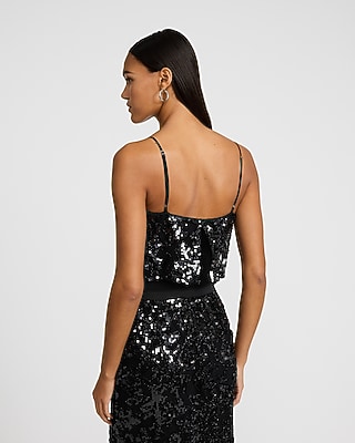 Printed Sequin Square Neck Sleeveless Bodysuit