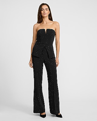 Rhinestone Embellished V-Neck Cutaway Peplum Tailored Tube Top