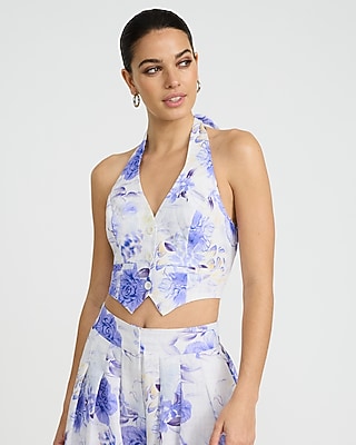 Floral V-Neck Button Front Halter Vest - image 4