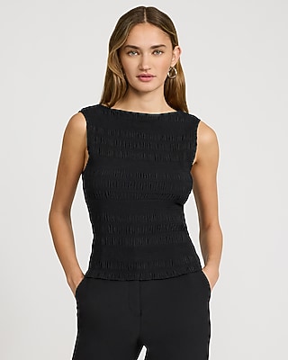 Textured Smocked Boat Neck Tank