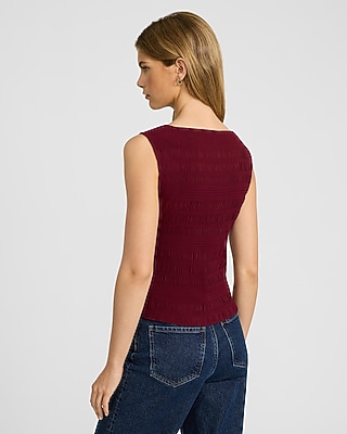Textured Smocked Boat Neck Tank
