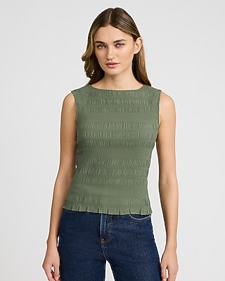 Textured Smocked Boat Neck Tank
