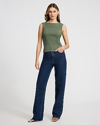 Textured Smocked Boat Neck Tank