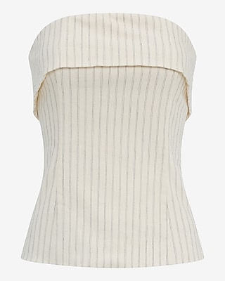 Linen-Blend Striped Fold Over Strapless Tailored Top
