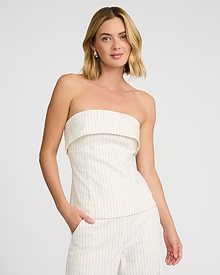 Linen-Blend Striped Fold Over Strapless Tailored Top