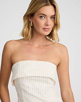 Linen-Blend Striped Fold Over Strapless Tailored Top