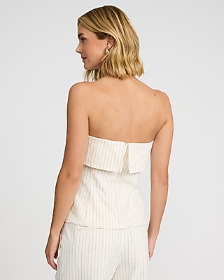 Linen-Blend Striped Fold Over Strapless Tailored Top