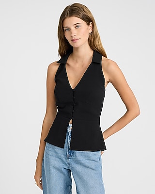 Signature Crepe Collared V-Neck Cutaway Tailored Tank