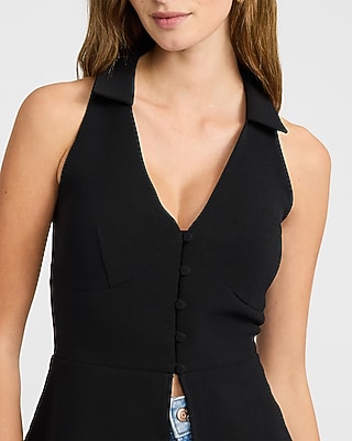 Signature Crepe Collared V-Neck Cutaway Tailored Tank