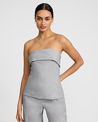 Textured Twill Gray Fold Over Strapless Tailored Top | Express