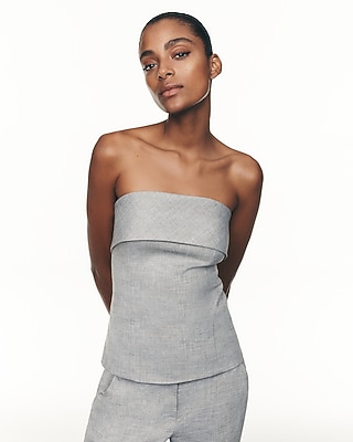 Editor Textured Twill Gray Fold Over Strapless Tailored Top