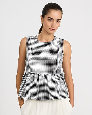 Gingham Crew Neck Tie Waist Peplum Tank