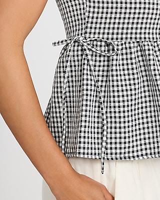 Gingham Crew Neck Tie Waist Peplum Tank