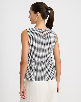 Gingham Crew Neck Tie Waist Peplum Tank