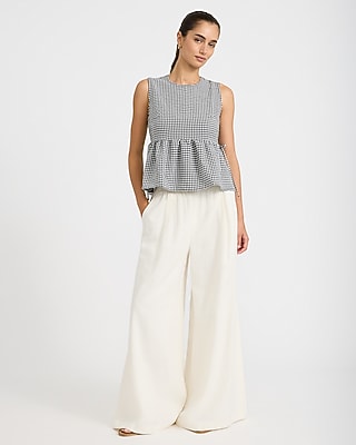 Gingham Crew Neck Tie Waist Peplum Tank